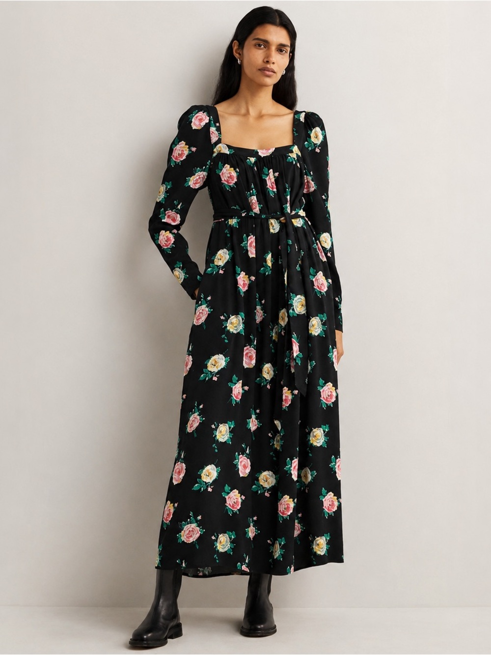 Boden Sz 6 Black Floral Rose Print Square Neck Puff Sleeve Maxi Dress